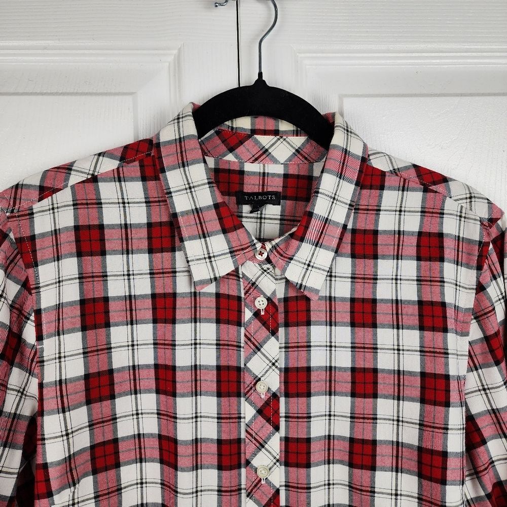 Talbots Plaid Button up Shirt Metallic Blouse Top Red White Black Cotton Size L - Picture 5 of 13
